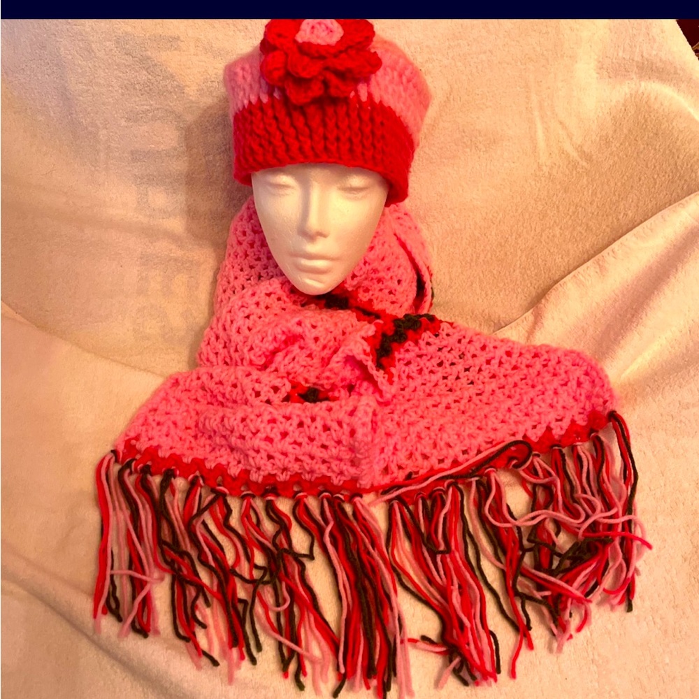 Custom made crochet hat and scarf is about 80”, long with fringe.